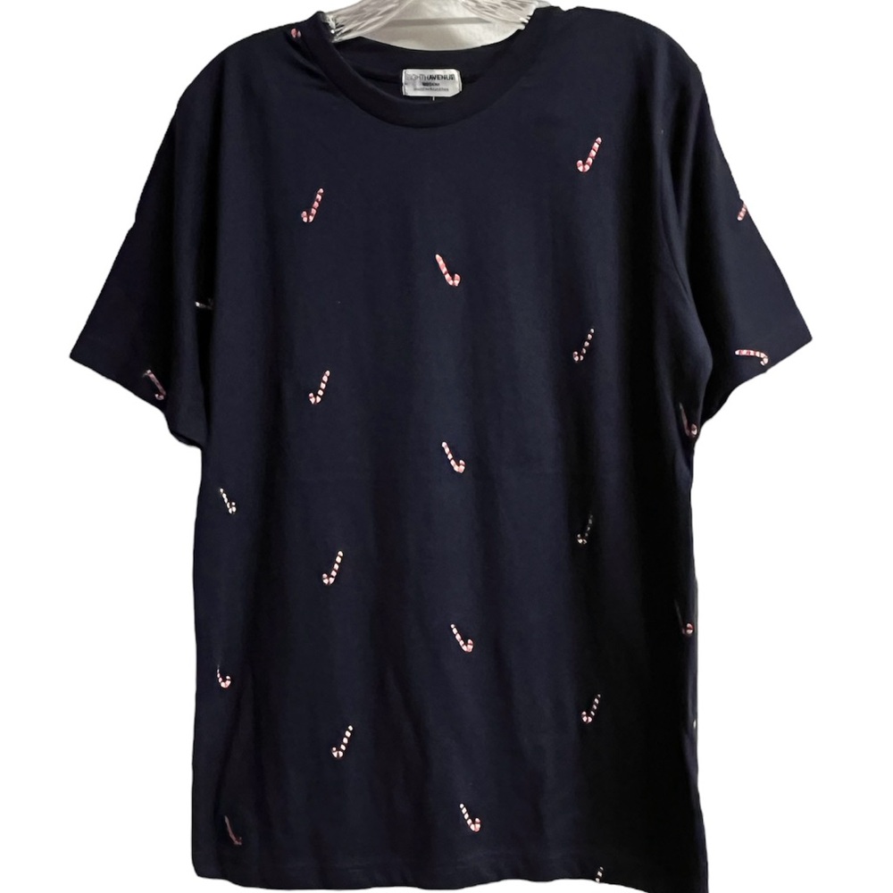Navy Blue Short Sleeve Tee with Christmas Candy Cane Print